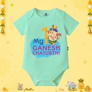 The Peppy Tend 100% Cotton Knit Half Sleeves My 1st Ganesh Chaturthi Printed Half Onesie