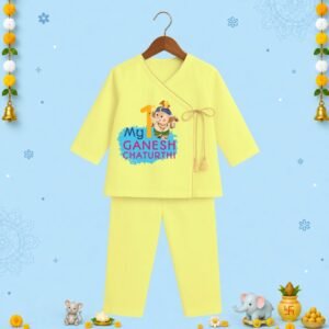 The Peppy Tend 100% Cotton Knit Full Sleeves My 1st Ganesh Chaturthi Printed Angrakha Kurta Pyjama Set