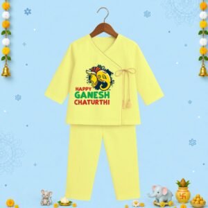The Peppy Tend 100% Cotton Knit Full Sleeves Happy Ganesh Chaturthi Printed Angrakha Kurta Pyjama Set