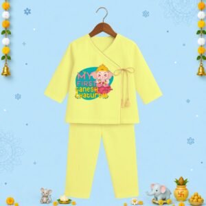 The Peppy Tend 100% Cotton Knit Full Sleeves My First Ganesh Chaturthi Lotus Printed Angrakha Kurta Pyjama Set