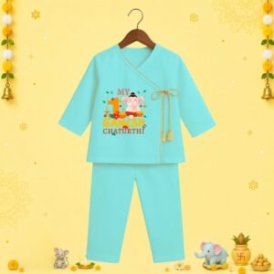 The Peppy Tend 100% Cotton Knit Full Sleeves My 1st Ganesh Chaturthi Printed Angrakha Kurta Pyjama Set