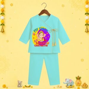 The Peppy Tend 100% Cotton Knit Full Sleeves My First Ganesh Chaturthi Printed Angrakha Kurta Pyjama Set