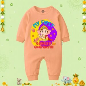 The Peppy Tend 100% Cotton Knit Full Sleeves My First Ganesh Chaturthi Printed Full Romper