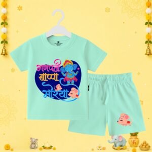 The Peppy Tend 100% Cotton Knit Half Sleeves Ganpati Bappa Morya Printed T-Shirt Shorts Set
