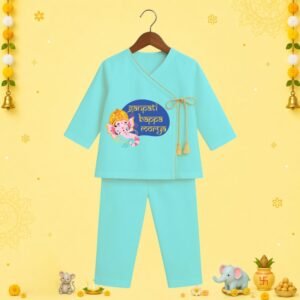 The Peppy Tend 100% Cotton Knit Full Sleeves Ganpati Bappa Morya Printed Angrakha Kurta Pyjama Set