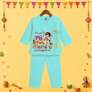 The Peppy Tend 100% Cotton Knit Full Sleeves My First Navratri Boy Printed Kurta Pyjama Set