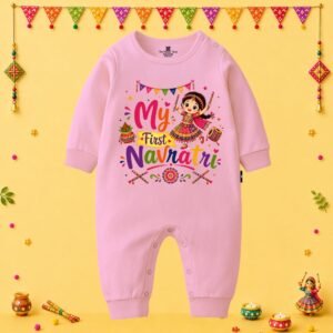 The Peppy Tend 100% Cotton Knit Full Sleeves My First Navratri Girl Printed Full Romper