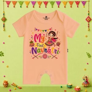 The Peppy Tend 100% Cotton Knit Half Sleeves My First Navratri Girl Printed Half Romper