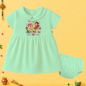 The Peppy Tend 100% Cotton Knit Half Sleeves My First Navratri Girl Printed Frock Bloomer Set