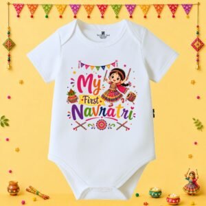 The Peppy Tend 100% Cotton Knit Half Sleeves My First Navratri Girl Printed Half Onesie