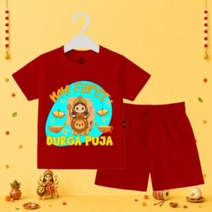 The Peppy Tend 100% Cotton Knit Half Sleeves My First Durga Puja Printed T-Shirt Shorts Set