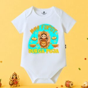 The Peppy Tend 100% Cotton Knit Half Sleeves My First Durga Puja Printed Half Onesie