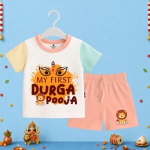 The Peppy Tend 100% Cotton Knit Half Sleeves My First Durga Pooja Printed T-Shirt Shorts Set