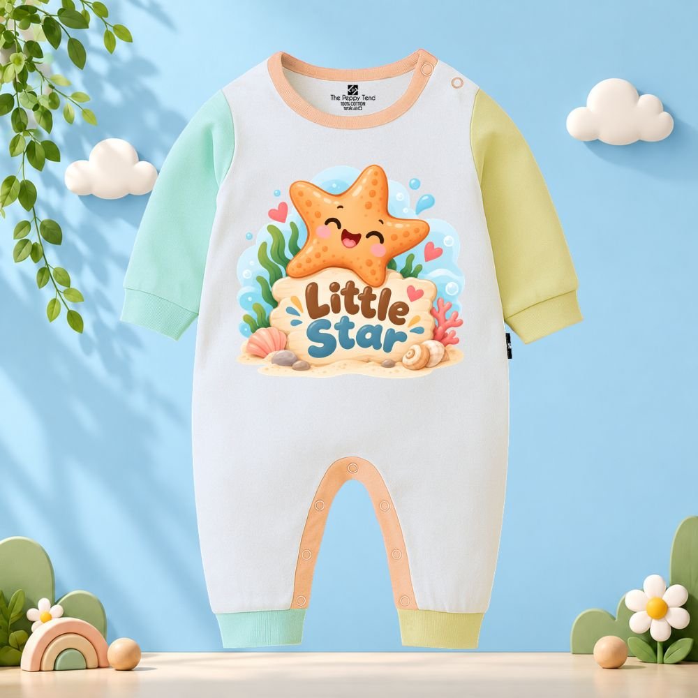 The Peppy Tend 100% Cotton Knit Full Sleeves Ocean Theme Little Star Printed Full Romper - Image 1