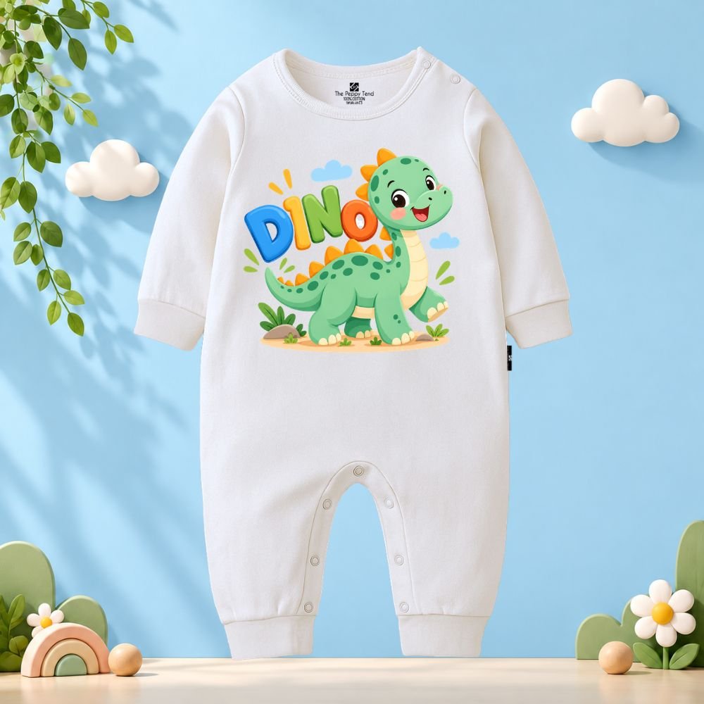The Peppy Tend 100% Cotton Knit Full Sleeves Animal Theme Dino Printed Full Romper - Image 1