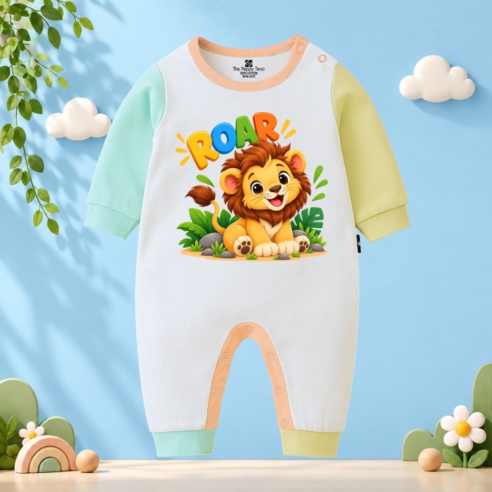 The Peppy Tend 100% Cotton Knit Full Sleeves Animal Theme Roar Printed Full Romper - Image 1