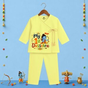 The Peppy Tend 100% Cotton Knit Full Sleeves My First Dussehra Printed Kurta Pyjama Set