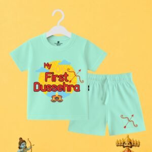 The Peppy Tend 100% Cotton Knit Half Sleeves My First Dussehra Printed T-Shirt Shorts Set