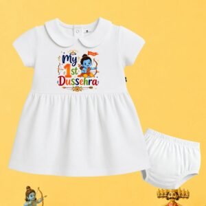 The Peppy Tend 100% Cotton Knit Half Sleeves My First Dussehra Printed Frock Bloomer Set