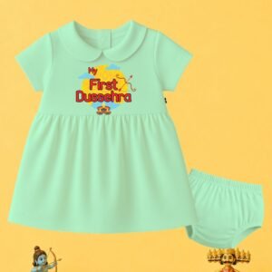 The Peppy Tend 100% Cotton Knit Half Sleeves My First Dussehra Printed Frock Bloomer Set