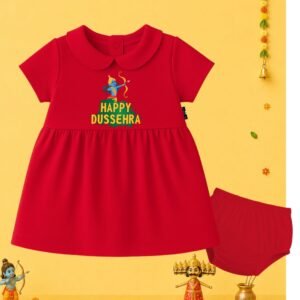 The Peppy Tend 100% Cotton Knit Half Sleeves Happy Dussehra Printed Frock Bloomer Set