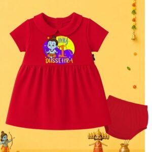 The Peppy Tend 100% Cotton Knit Half Sleeves My 1st Dussehra Printed Frock Bloomer Set