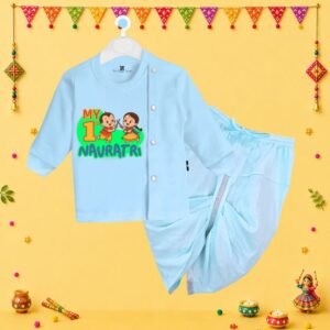 The Peppy Tend 100% Cotton Knit Full Sleeves My 1st Navratri Printed Kurta Dhoti Set