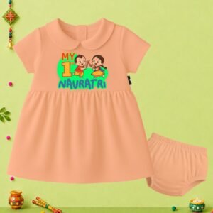 The Peppy Tend 100% Cotton Knit Half Sleeves My 1st Navratri Printed Frock Bloomer Set