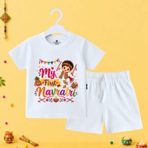 The Peppy Tend 100% Cotton Knit Half Sleeves My First Navratri Boy Printed T-Shirt Shorts Set