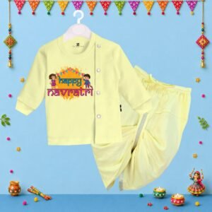 The Peppy Tend 100% Cotton Knit Full Sleeves Happy Navratri Printed Kurta Dhoti Set