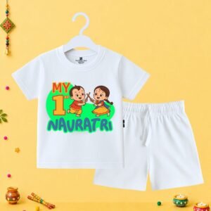 The Peppy Tend 100% Cotton Knit Half Sleeves My 1st Navratri Printed T-Shirt Shorts Set