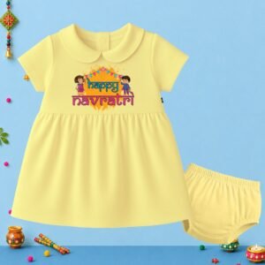 The Peppy Tend 100% Cotton Knit Half Sleeves Happy Navratri Printed Frock Bloomer Set