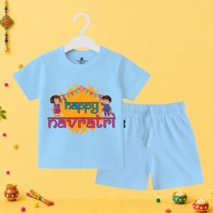 The Peppy Tend 100% Cotton Knit Half Sleeves Happy Navratri Printed T-Shirt Shorts Set