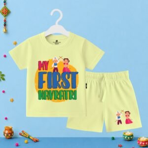 The Peppy Tend 100% Cotton Knit Half Sleeves My First Navratri Printed T-Shirt Shorts Set