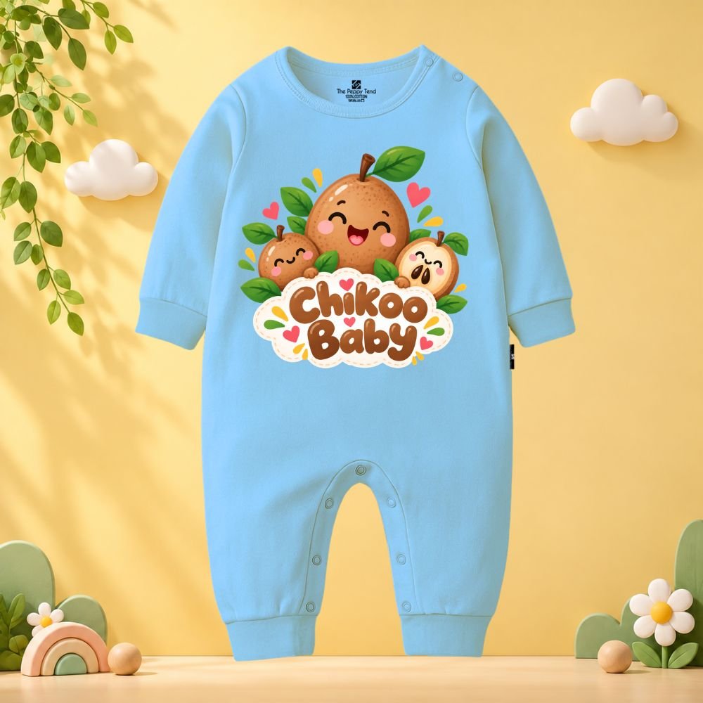 The Peppy Tend 100% Cotton Knit Full Sleeves Fruit Theme Chickoo Baby Printed Full Romper - Image 1