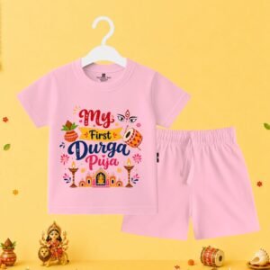 The Peppy Tend 100% Cotton Knit Half Sleeves My First Durga Puja Printed T-Shirt Shorts Set