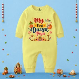 The Peppy Tend 100% Cotton Knit Full Sleeves My First Durga Puja Printed Full Romper