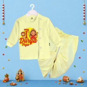 The Peppy Tend 100% Cotton Knit Full Sleeves My 1st Durga Puja Printed Kurta Dhoti Set