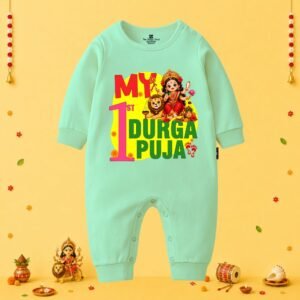 The Peppy Tend 100% Cotton Knit Full Sleeves My 1st Durga Puja Printed Full Romper