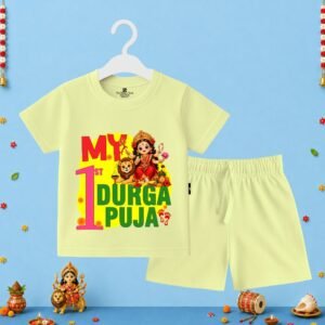 The Peppy Tend 100% Cotton Knit Half Sleeves My 1st Durga Puja Printed T-Shirt Shorts Set