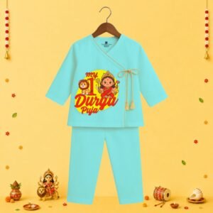 The Peppy Tend 100% Cotton Knit Full Sleeves My 1st Durga Puja Printed Kurta Pyjama Set