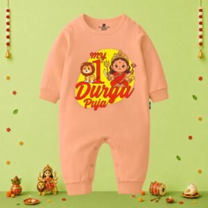 The Peppy Tend 100% Cotton Knit Full Sleeves My 1st Durga Puja Printed Full Romper