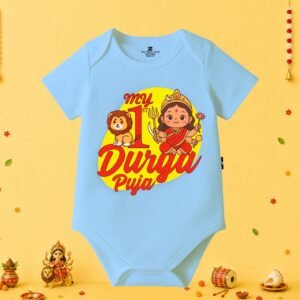 The Peppy Tend 100% Cotton Knit Half Sleeves My 1st Durga Puja Printed Half Onesie