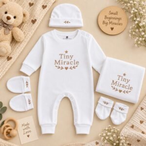 The Peppy Tend 100% Cotton Knit Full Sleeves Embriodery Full Romper With Swaddle & Cap Mittens & Booties Set