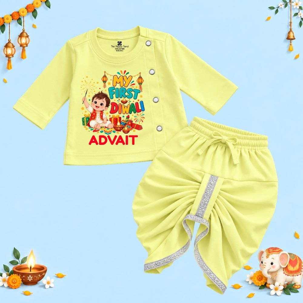 The Peppy Tend 100% Cotton Knit Full Sleeves My First Diwali Boy Printed Kurta Dhoti Set - Image 1