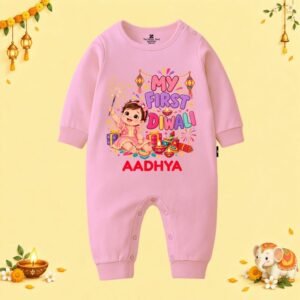The Peppy Tend 100% Cotton Knit Full Sleeves My First Diwali Girl Printed Full Romper
