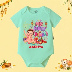 The Peppy Tend 100% Cotton Knit Half Sleeves My First Diwali Girl Printed Half Onesie