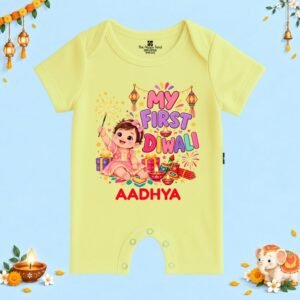 The Peppy Tend 100% Cotton Knit Half Sleeves My First Diwali Girl Printed Half Romper