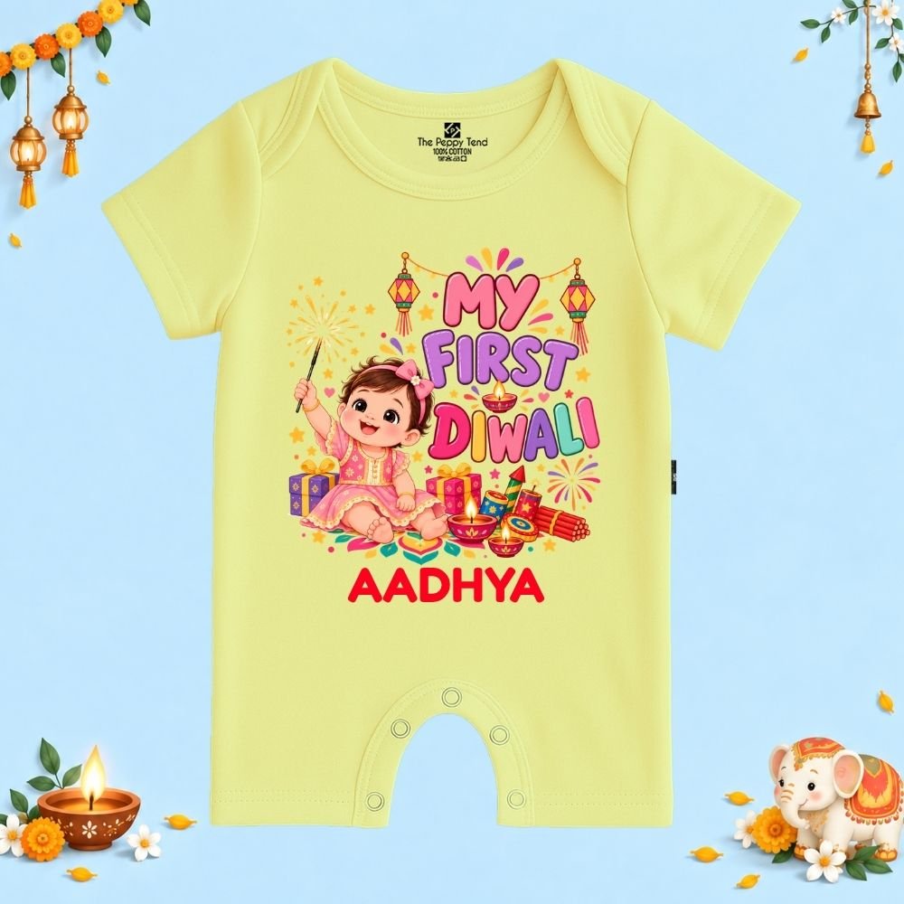 The Peppy Tend 100% Cotton Knit Half Sleeves My First Diwali Girl Printed Half Romper - Image 1