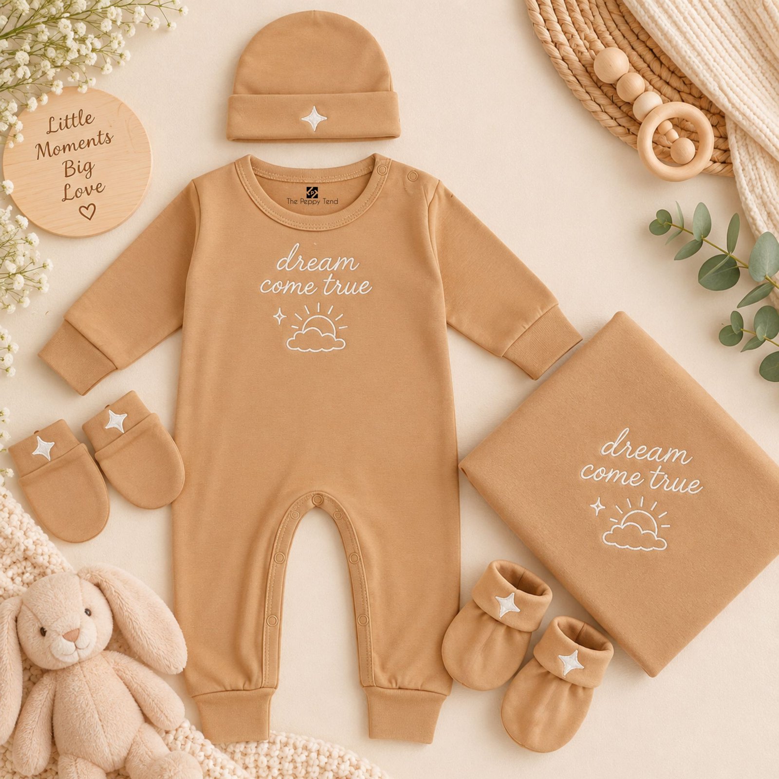 The Peppy Tend 100% Cotton Knit Full Sleeves Embriodery Full Romper With Swaddle & Cap Mittens & Booties Set - Image 3